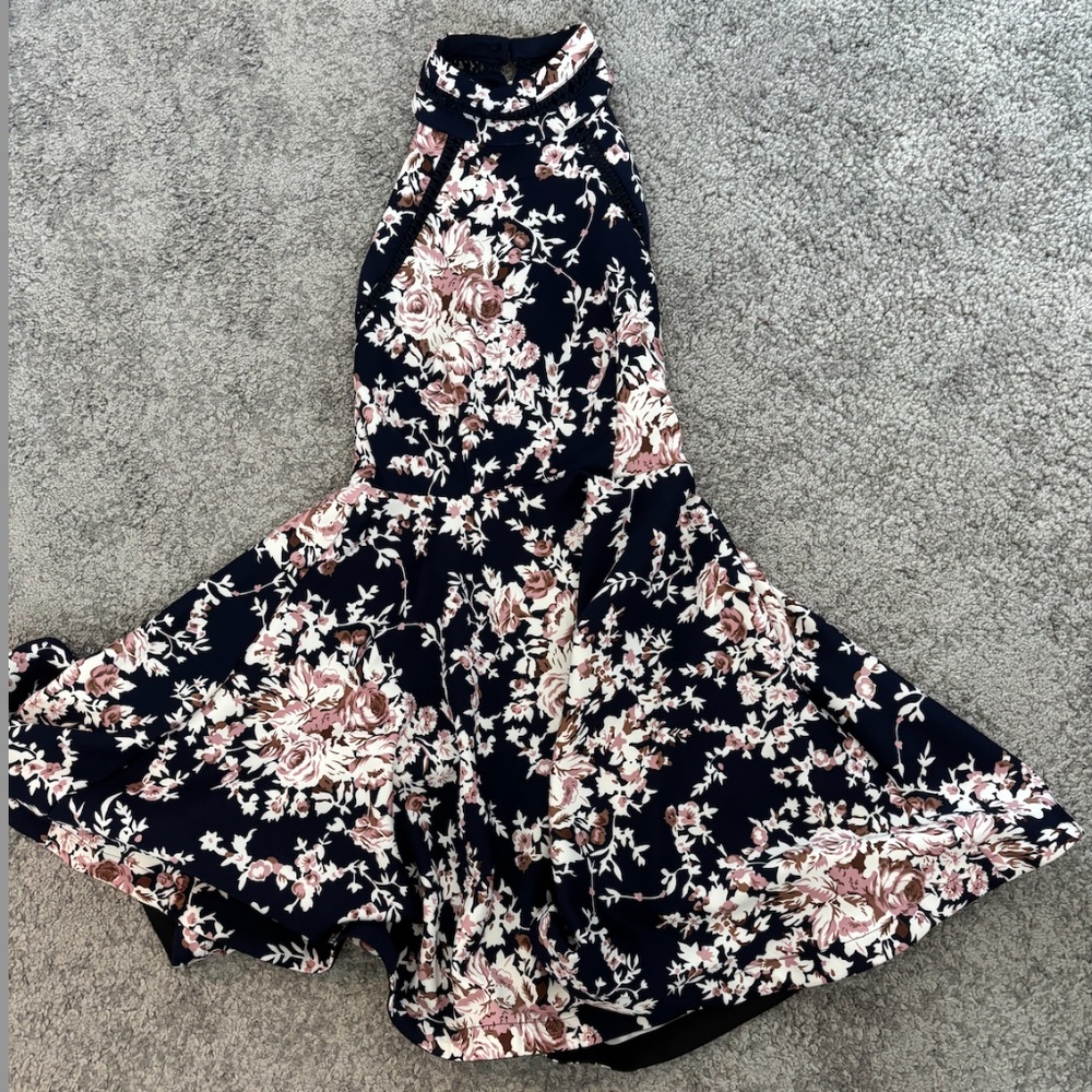 B Darlin Juniors' Printed Mock-Neck Crochet-Trim Fit & Flare Dress
